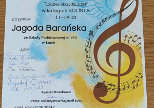 Jagoda B. kl.5B, II miejsce w XXIX Przeglądzie Piosenki o Łodzi "Łódzkie Skrzydła 2024"