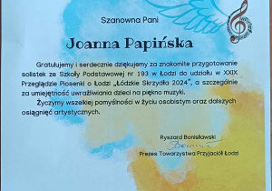 Jagoda B. kl.5B, II miejsce w XXIX Przeglądzie Piosenki o Łodzi "Łódzkie Skrzydła 2024"