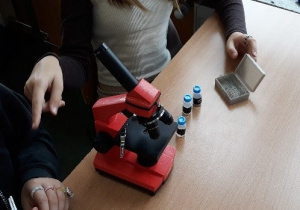 Uczniowie obserwują mikroorganizmy pod mikroskopem.