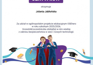 Certyfikat OSE Hero dla Jolanty Jabłońskiej.